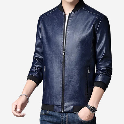 Rocco Mens Blue Leather Bomber Jacket