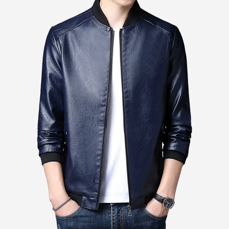 Rocco Mens Blue Leather Bomber Jacket