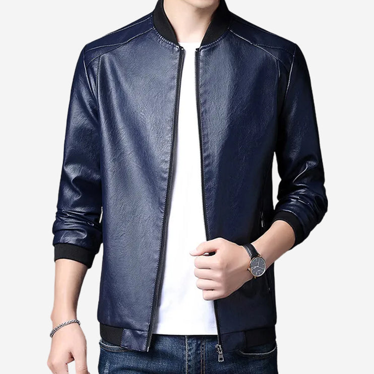 Rocco Mens Blue Leather Bomber Jacket