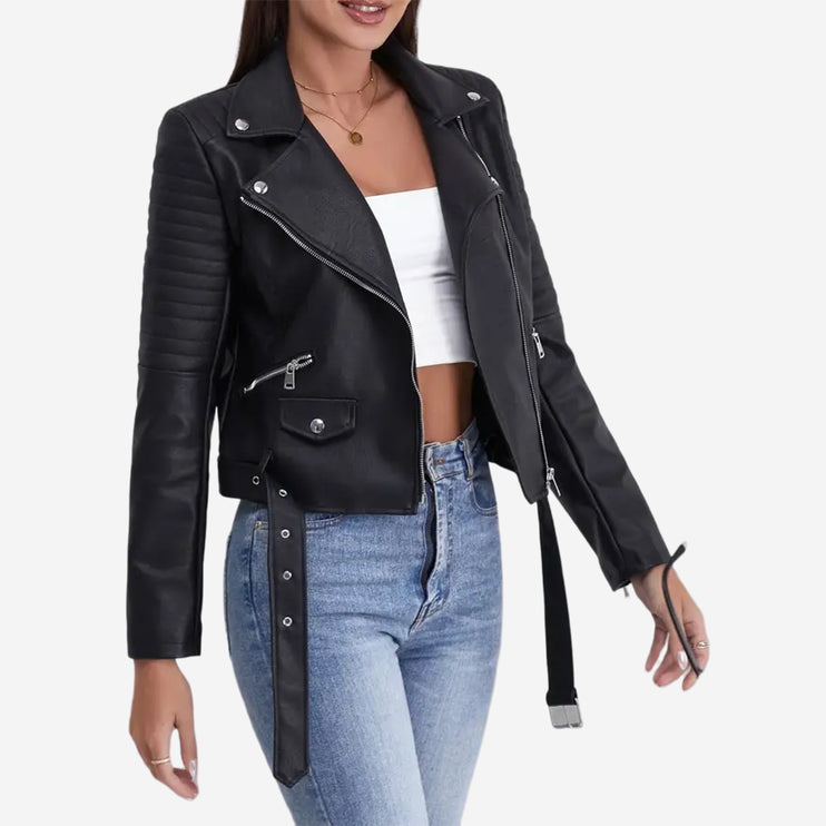 Adina Womens Black Leather Biker Jacket