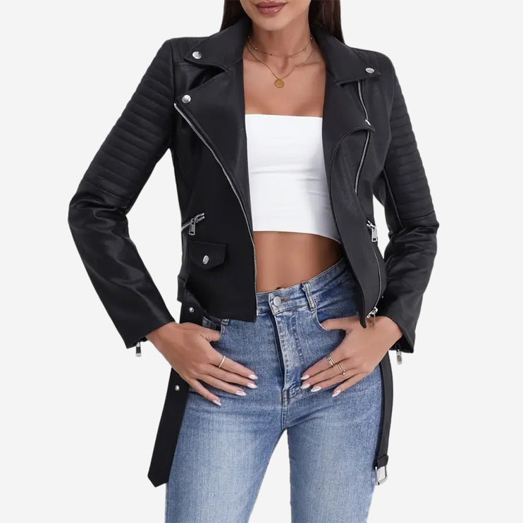 Adina Womens Black Leather Biker Jacket