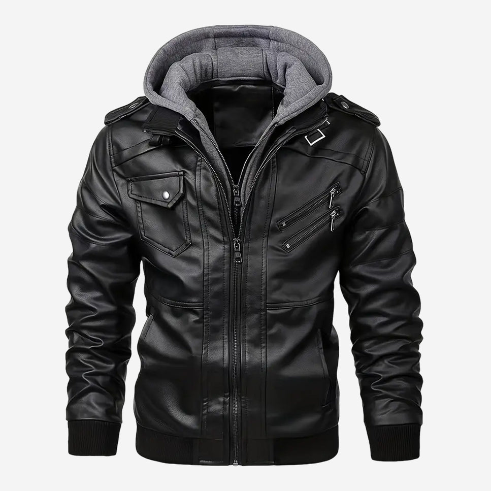 Paco Mens Black Hooded Leather Bomber Jacket