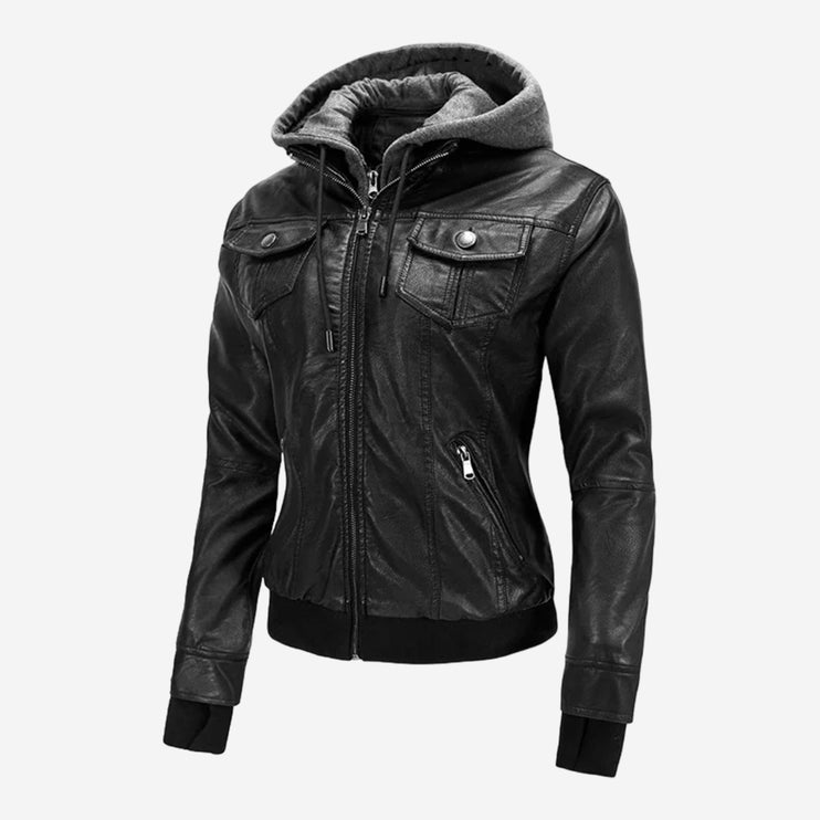 Cassia Womens Black Hooded Leather Bomber Jacket