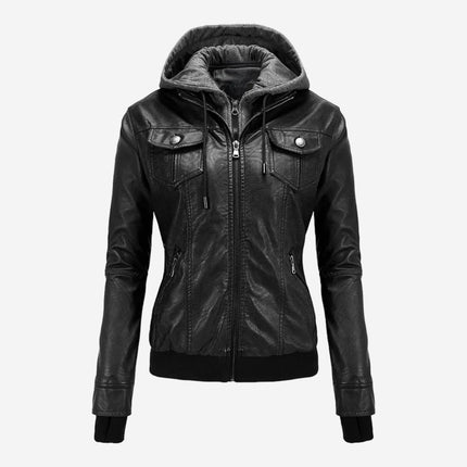 Cassia Womens Black Hooded Leather Bomber Jacket