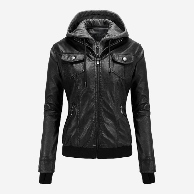 Cassia Womens Black Hooded Leather Bomber Jacket