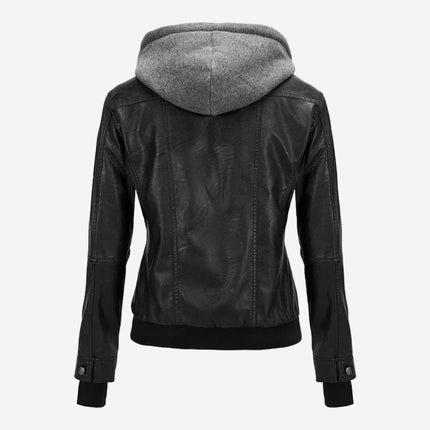 Cassia Womens Black Hooded Leather Bomber Jacket