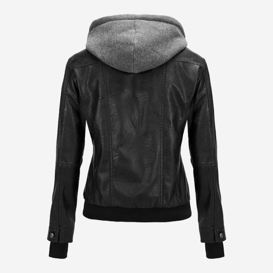 Cassia Womens Black Hooded Leather Bomber Jacket
