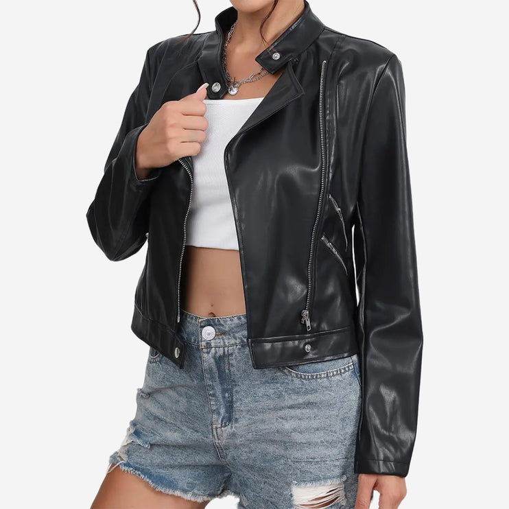 Clementine Womens Black Leather Moto Biker Jacket