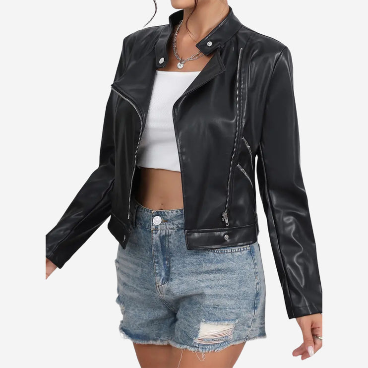 Clementine Womens Black Leather Moto Biker Jacket