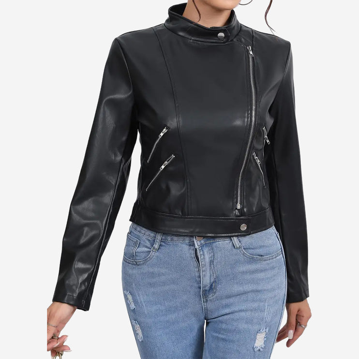 Clementine Womens Black Leather Moto Biker Jacket