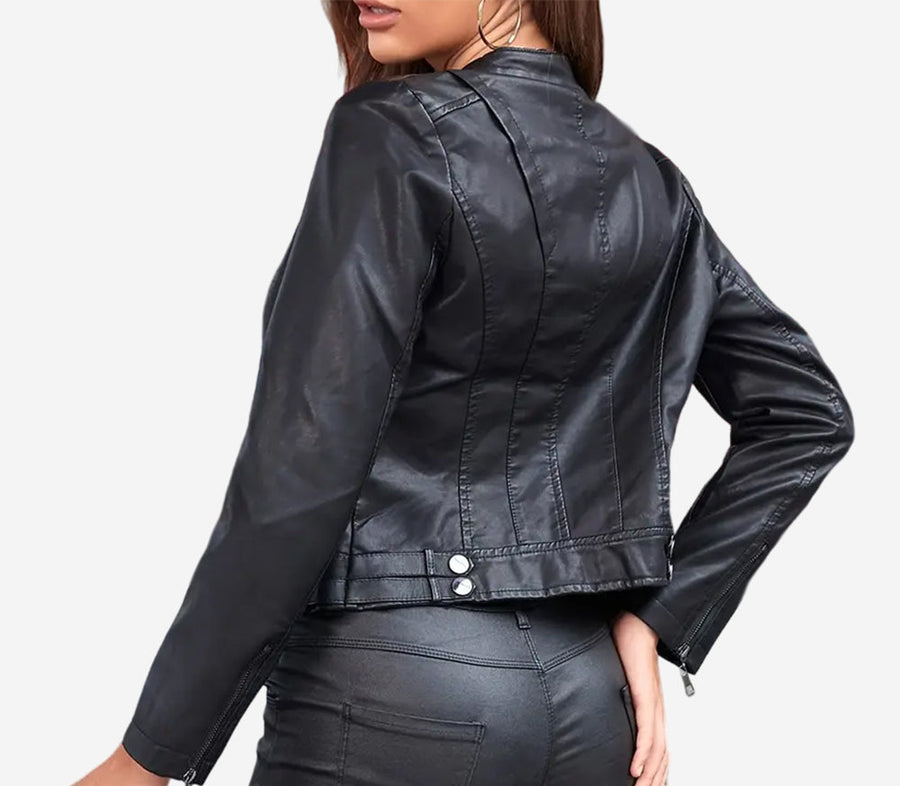 A woman wearing a black leather jacket with a zip-front closure and adjustable cuffs.