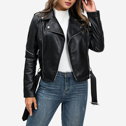 Zinnia Womens Black Leather Moto Biker Jacket