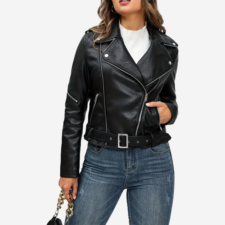 Zinnia Womens Black Leather Moto Biker Jacket