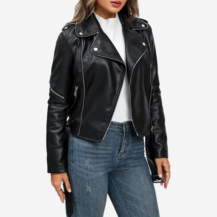 Zinnia Womens Black Leather Moto Biker Jacket