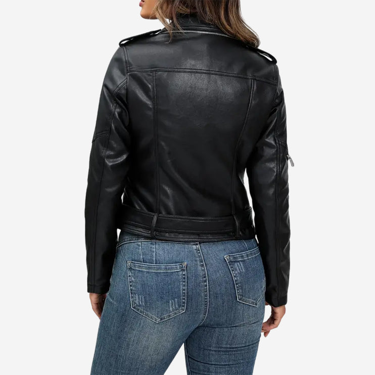 Zinnia Womens Black Leather Moto Biker Jacket