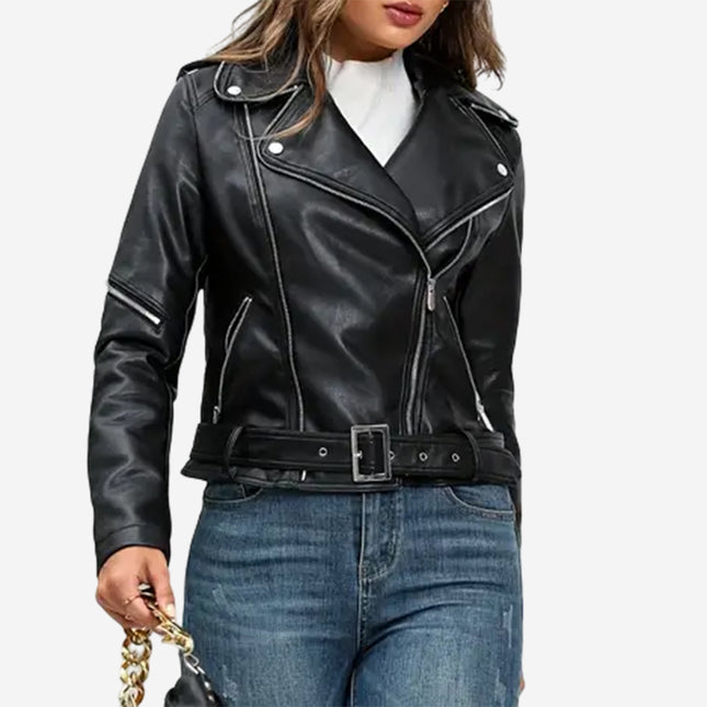 Zinnia Womens Black Leather Moto Biker Jacket