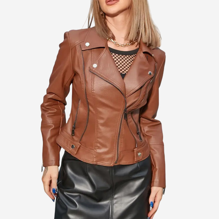 Elsie Womens Brown Leather Biker Jacket