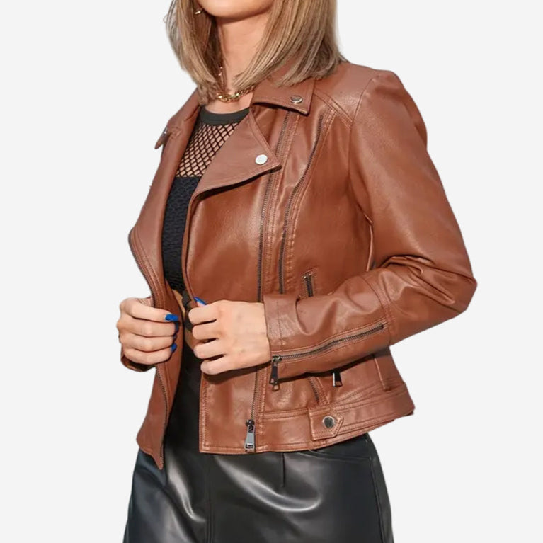 Elsie Womens Brown Leather Biker Jacket