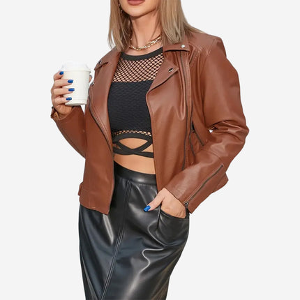 Elsie Womens Brown Leather Biker Jacket