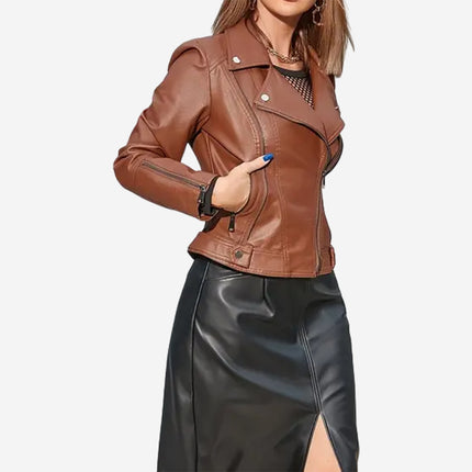 Elsie Womens Brown Leather Biker Jacket