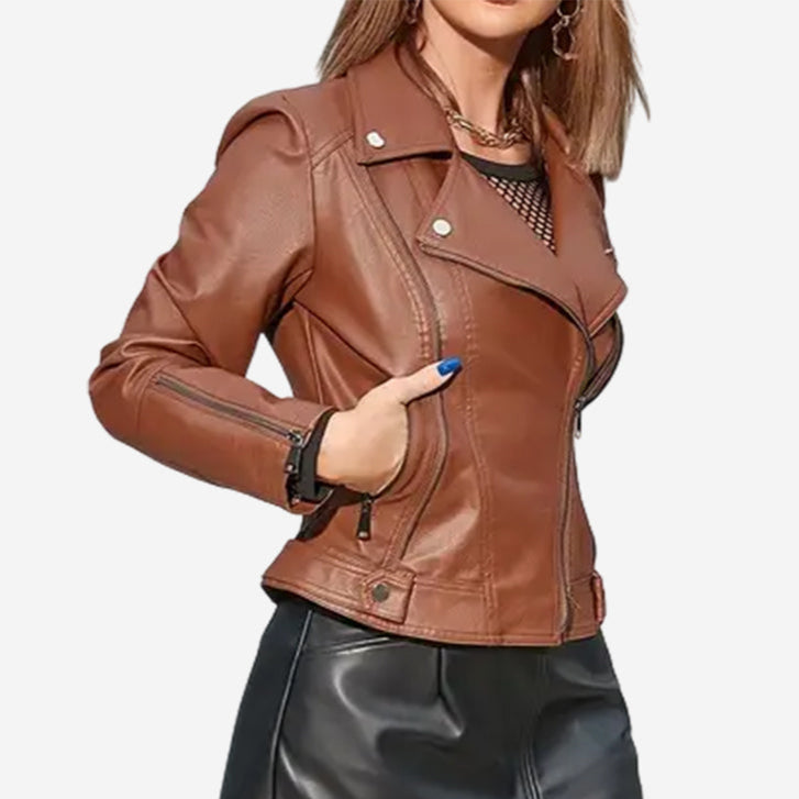 Elsie Womens Brown Leather Biker Jacket