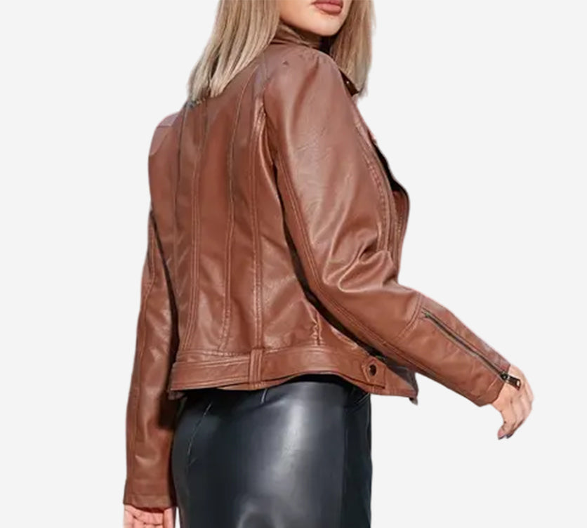 Elsie Womens Brown Leather Biker Jacket