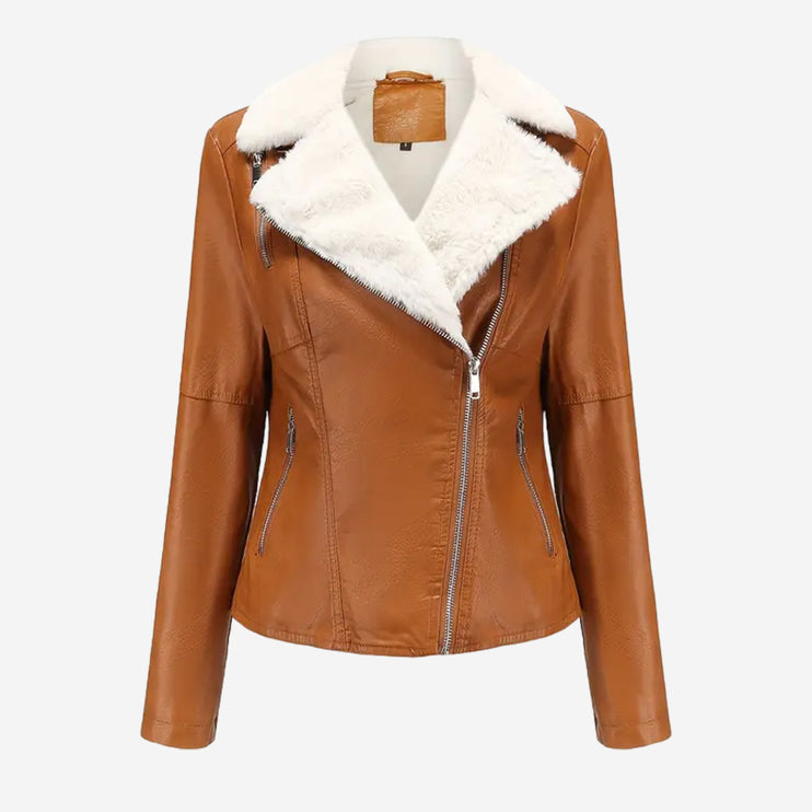 Daria Womens Tan Leather Biker Fur Jacket