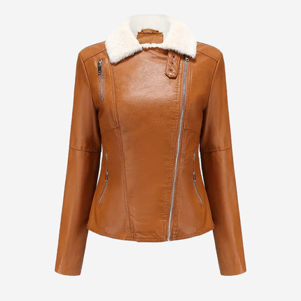 Daria Womens Tan Leather Biker Fur Jacket