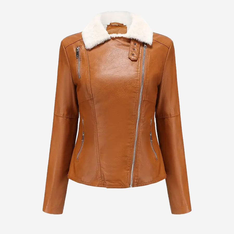Daria Womens Tan Shearling Leather Biker Jacket
