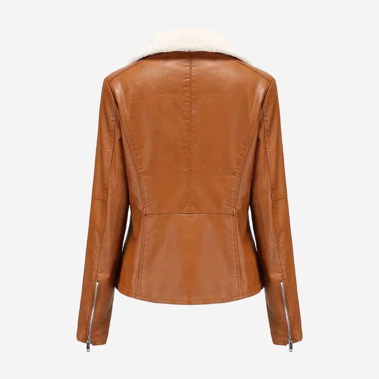 Daria Womens Tan Leather Biker Fur Jacket