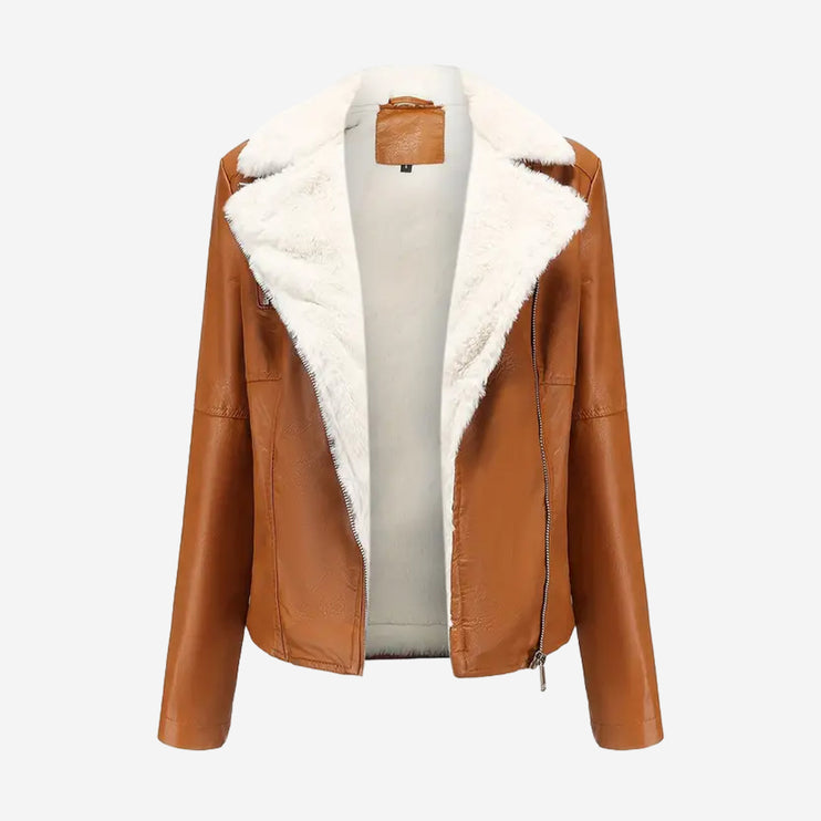 Daria Womens Tan Leather Biker Fur Jacket