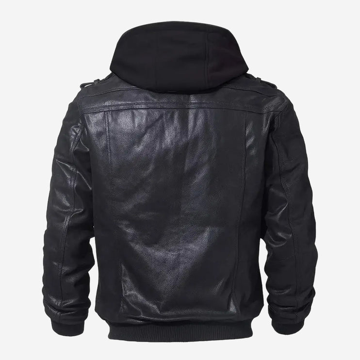 Adler Mens Black Hooded Leather Bomber Jacket