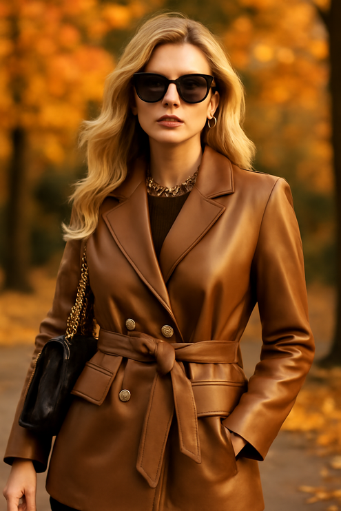 Aliana Notch Lapel Collar Double Breasted Brown Leather Coat Women