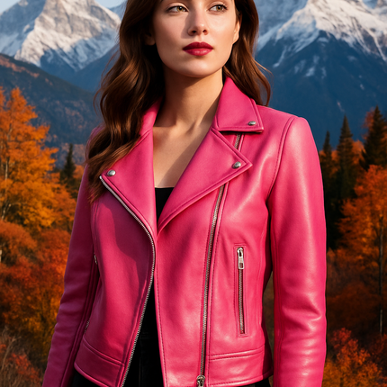 Valentina Womens Pink Leather Biker Jacket