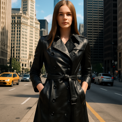 Amani Notch Lapel Collar Double Breasted Black Leather Long Coat Women