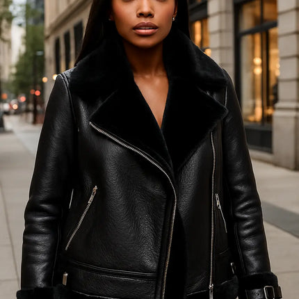 Zoya Womens Black Lambskin Aviator Leather Jacket Women