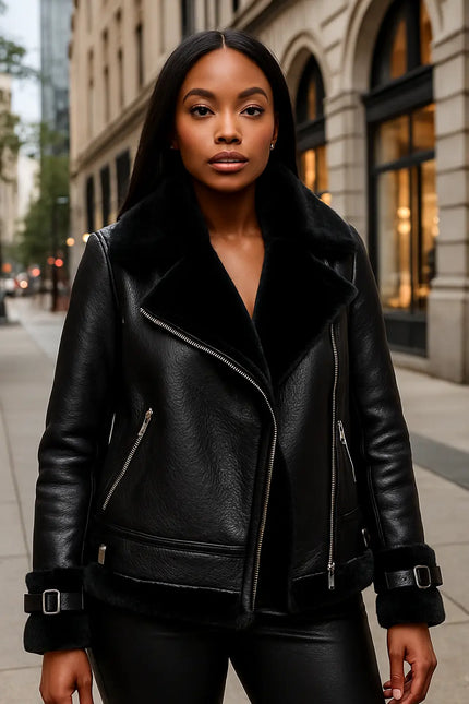 Zoya Womens Black Lambskin Aviator Leather Jacket Women