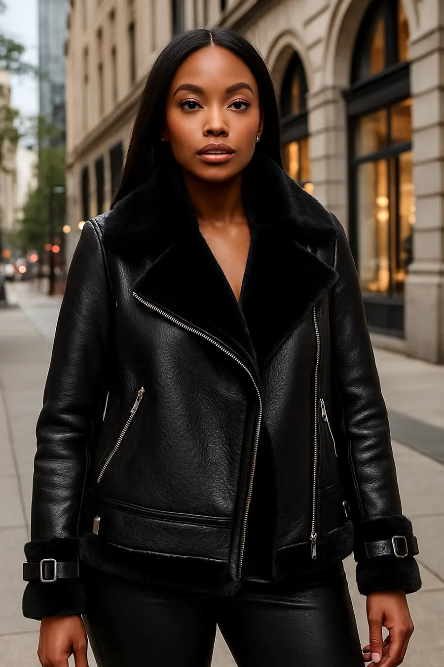 Zoya Womens Black Lambskin Aviator Leather Jacket Women