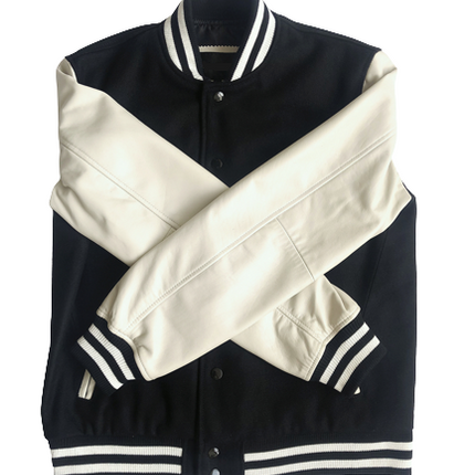 Kacey Mens Black and White Leather Varsity Letterman Jacket