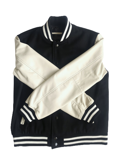 Kacey Mens Black and White Leather Varsity Letterman Jacket