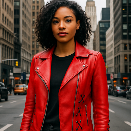 Audra Womens Red Leather Biker Jacket
